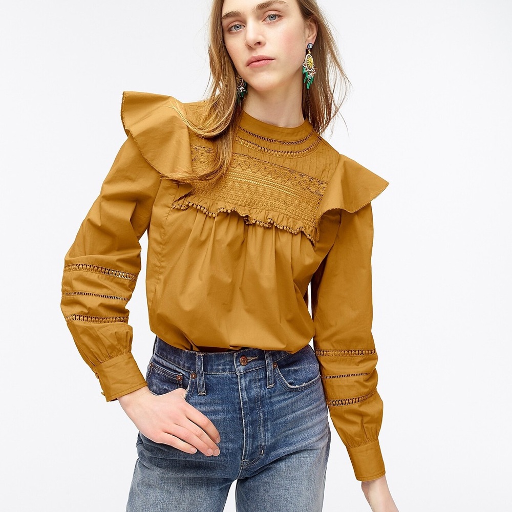 JCREW Crocheted Lace Ruffle Top NWT M Honey Brown